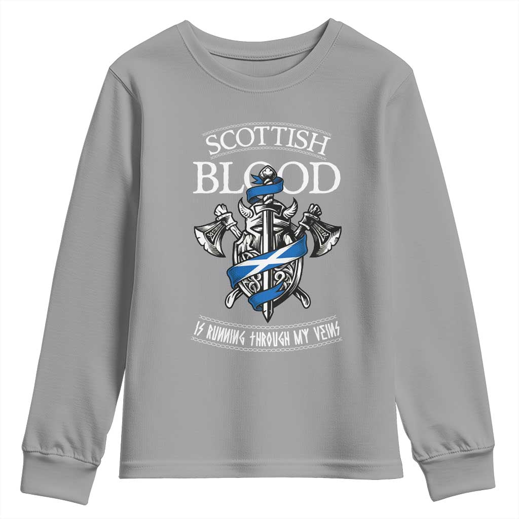 Scottish Blood Running Through My Veins Youth Sweatshirt Viking Axe and Sword Heritage - Wonder Print Shop
