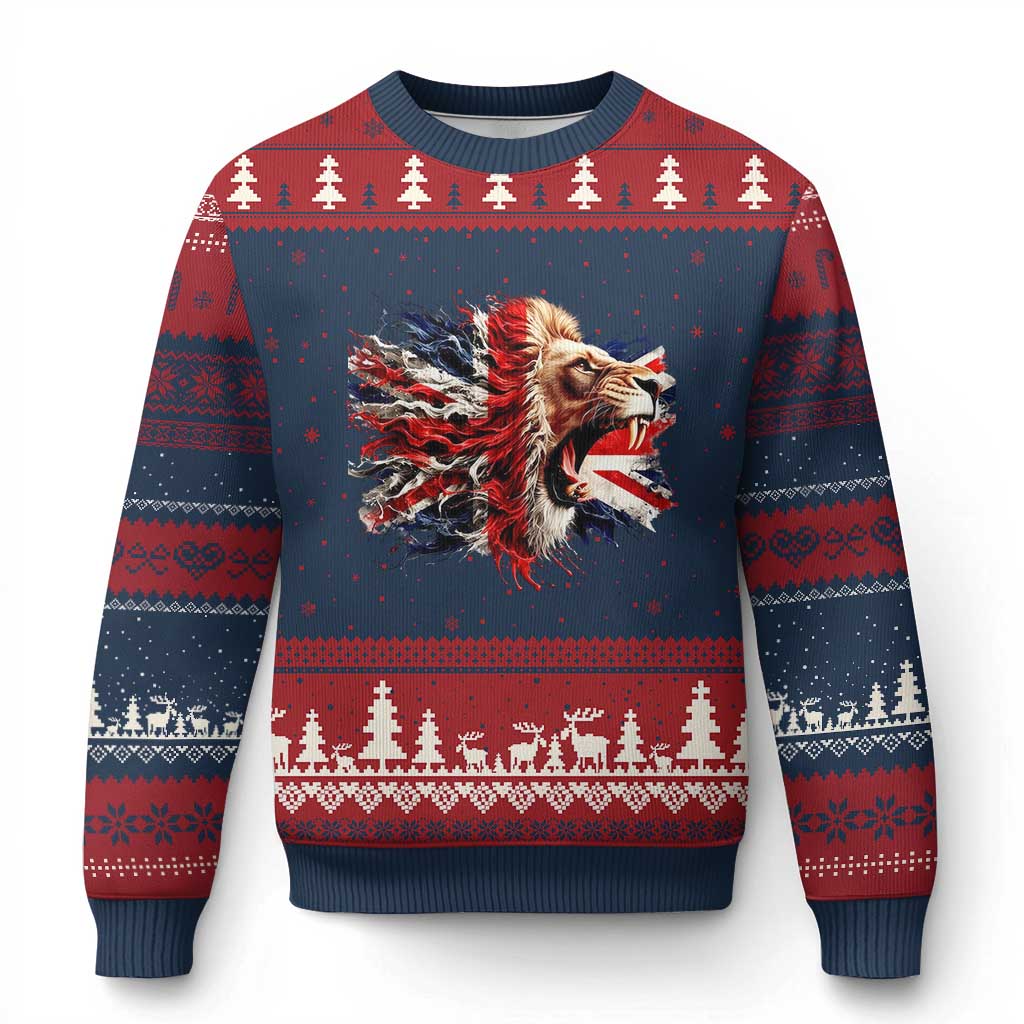 Roaring British Lion Flag Ugly Christmas Sweater Union Jack UK Pride - Wonder Print Shop