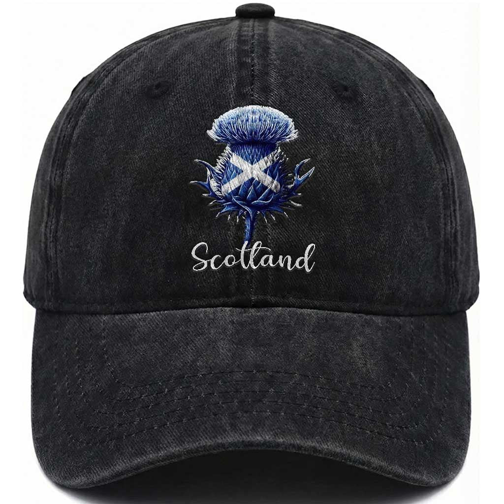 Scotland Thistle Floral Emblem Saltire Flag Washed Cotton Baseball Cap Patriotic Scottish Heritage