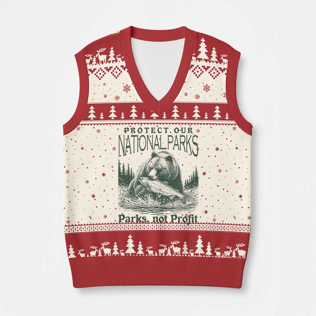 Protect Our National Parks V-Neck Knit Sweater Vest Parks Not Profits Retro Bear Nature Graphic - Wonder Print Shop