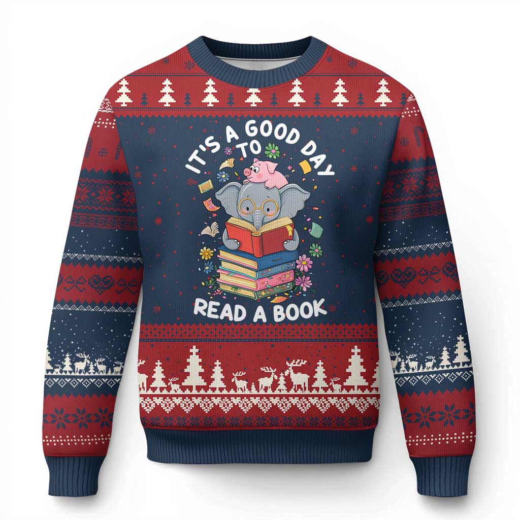 Its A Good Day To Read Book Ugly Christmas Sweater Cute Elephant Reading Across America - Wonder Print Shop