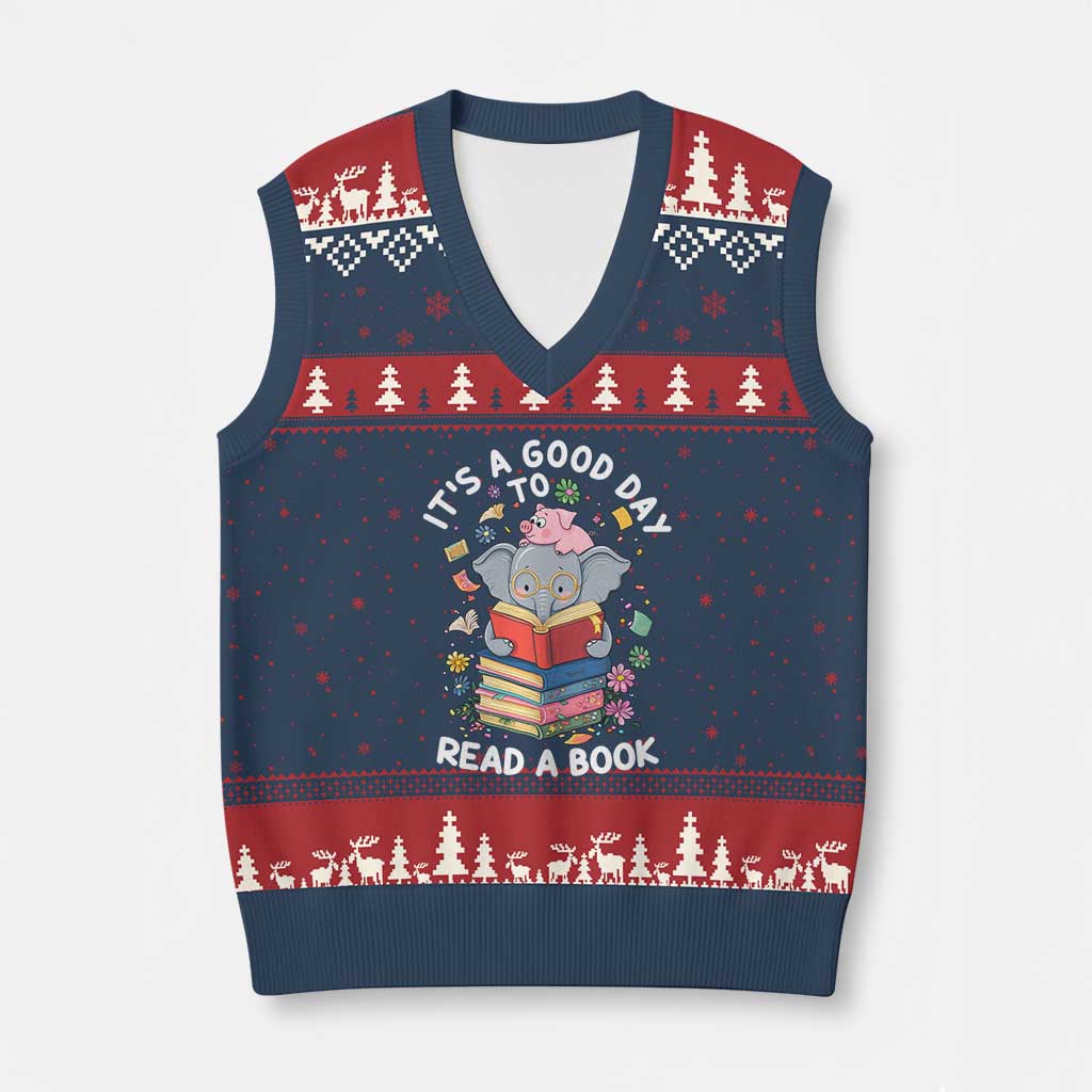 Its A Good Day To Read Book V-Neck Knit Sweater Vest Cute Elephant Reading Across America - Wonder Print Shop