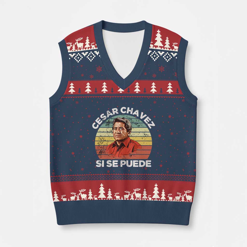 Cesar Chavez V-Neck Knit Sweater Vest Si Se Puede Mexican Hispanic Heritage Month Vintage - Wonder Print Shop
