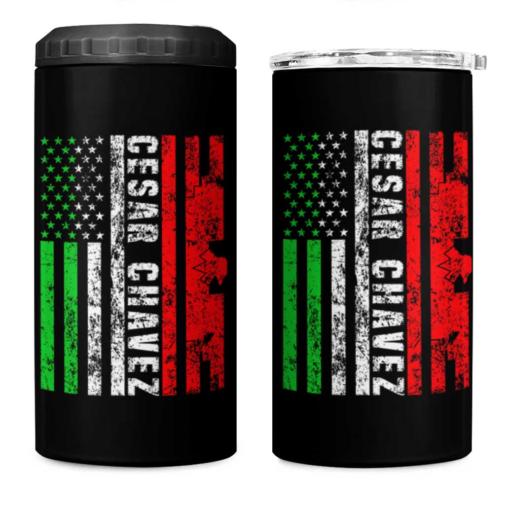 Cesar Chavez 4 in 1 Can Cooler Tumbler American Mexican Flag Patriotic Mexico Distressed