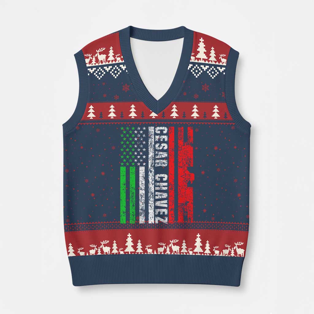 Cesar Chavez V-Neck Knit Sweater Vest American Mexican Flag Patriotic Mexico Distressed - Wonder Print Shop
