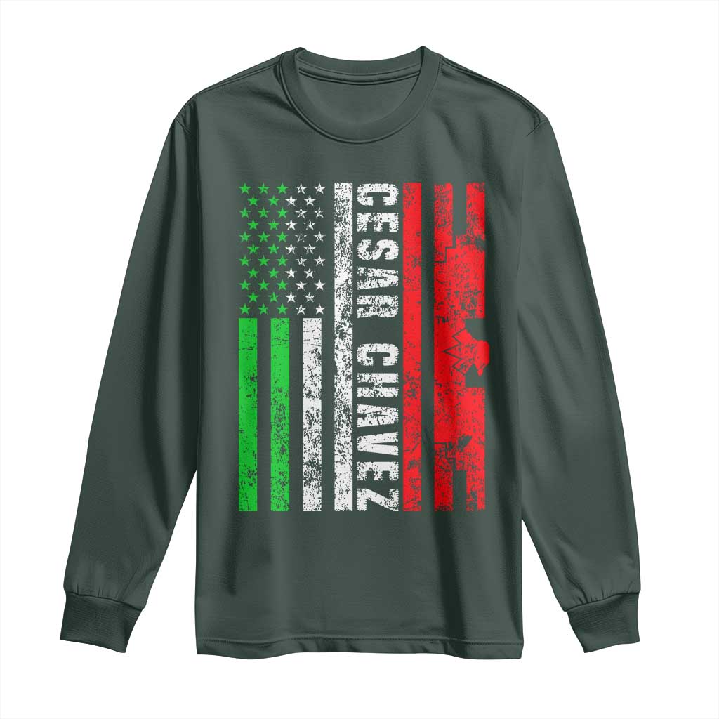 Cesar Chavez Long Sleeve Shirt American Mexican Flag Patriotic Mexico Distressed