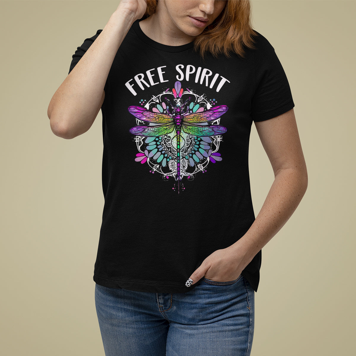 Women’s black dragonfly graphic t-shirt with “FREE SPIRIT” text front.