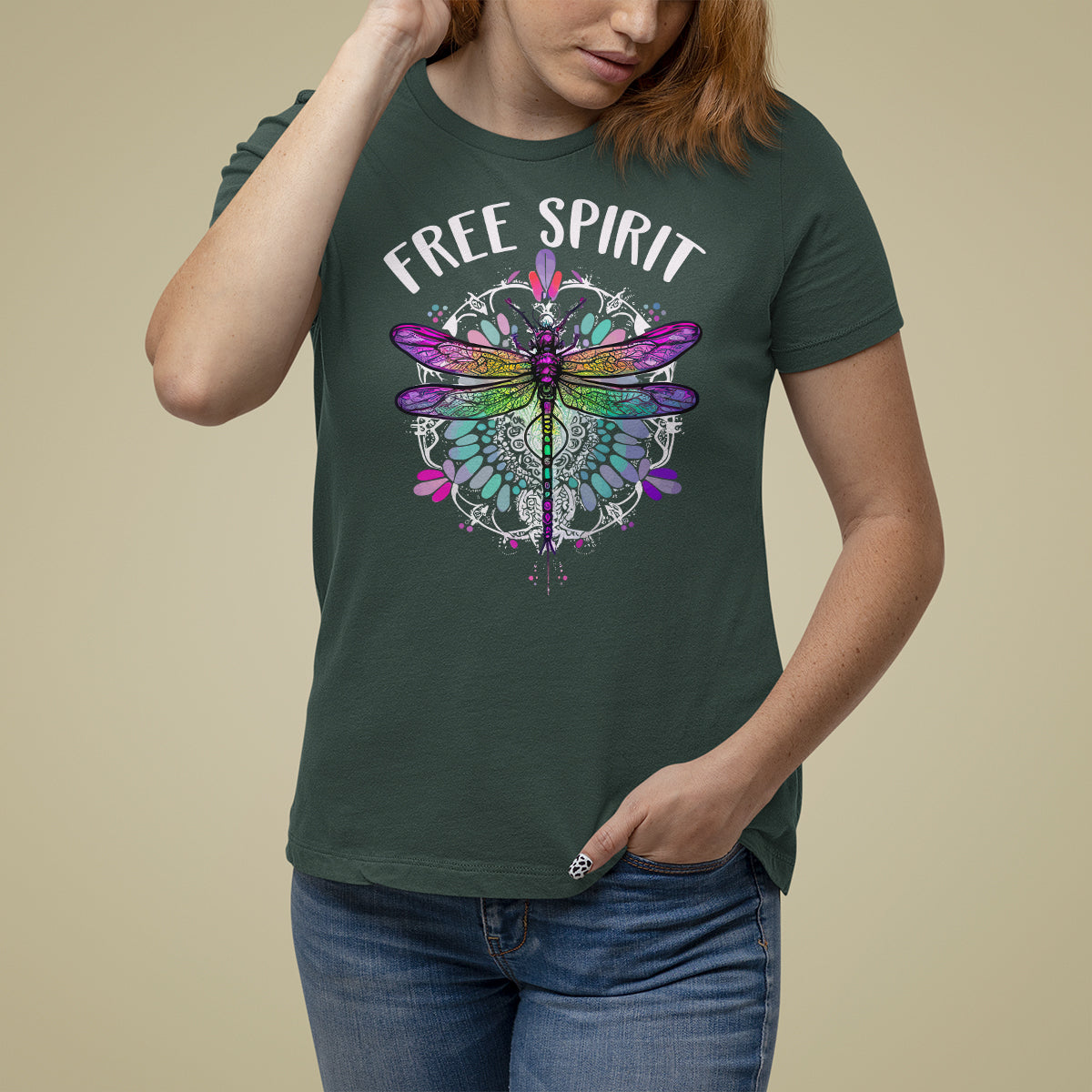 Women’s dark forest green dragonfly graphic t-shirt with “FREE SPIRIT” text front.