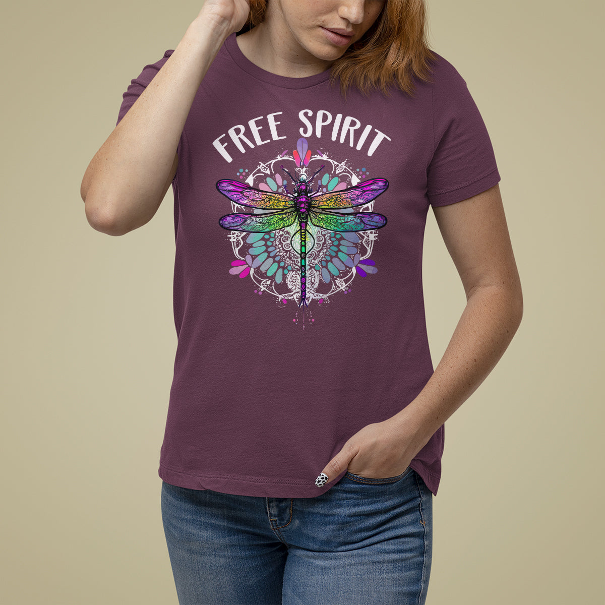 Women’s maroon dragonfly graphic t-shirt with “FREE SPIRIT” text front.