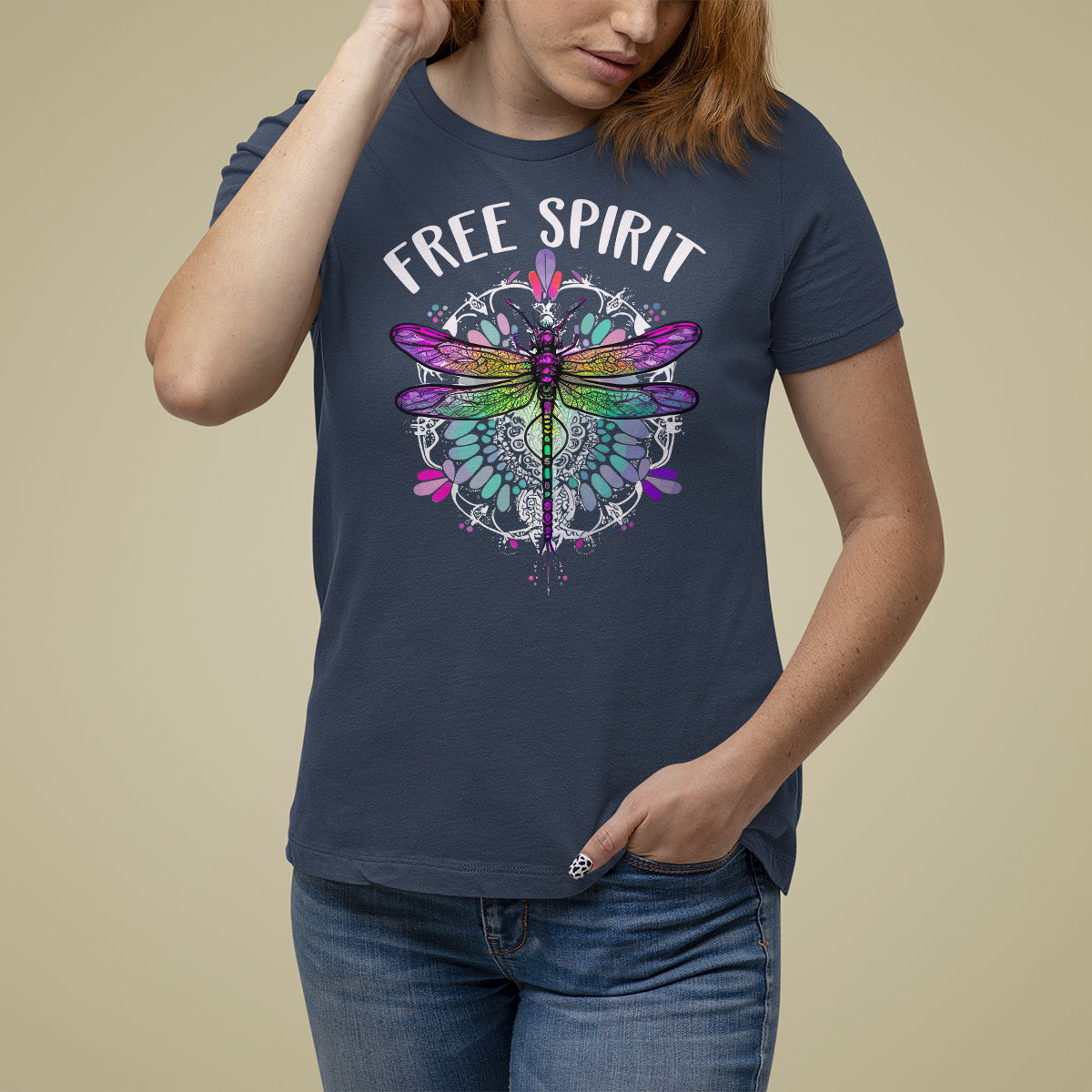 Women’s navy dragonfly graphic t-shirt with “FREE SPIRIT” text front.