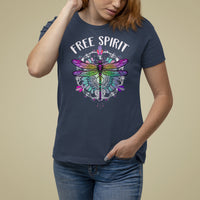 Women’s navy dragonfly graphic t-shirt with “FREE SPIRIT” text front.