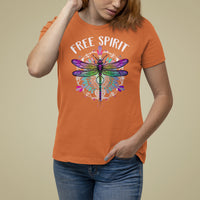 Women’s orange dragonfly graphic t-shirt with “FREE SPIRIT” text front.