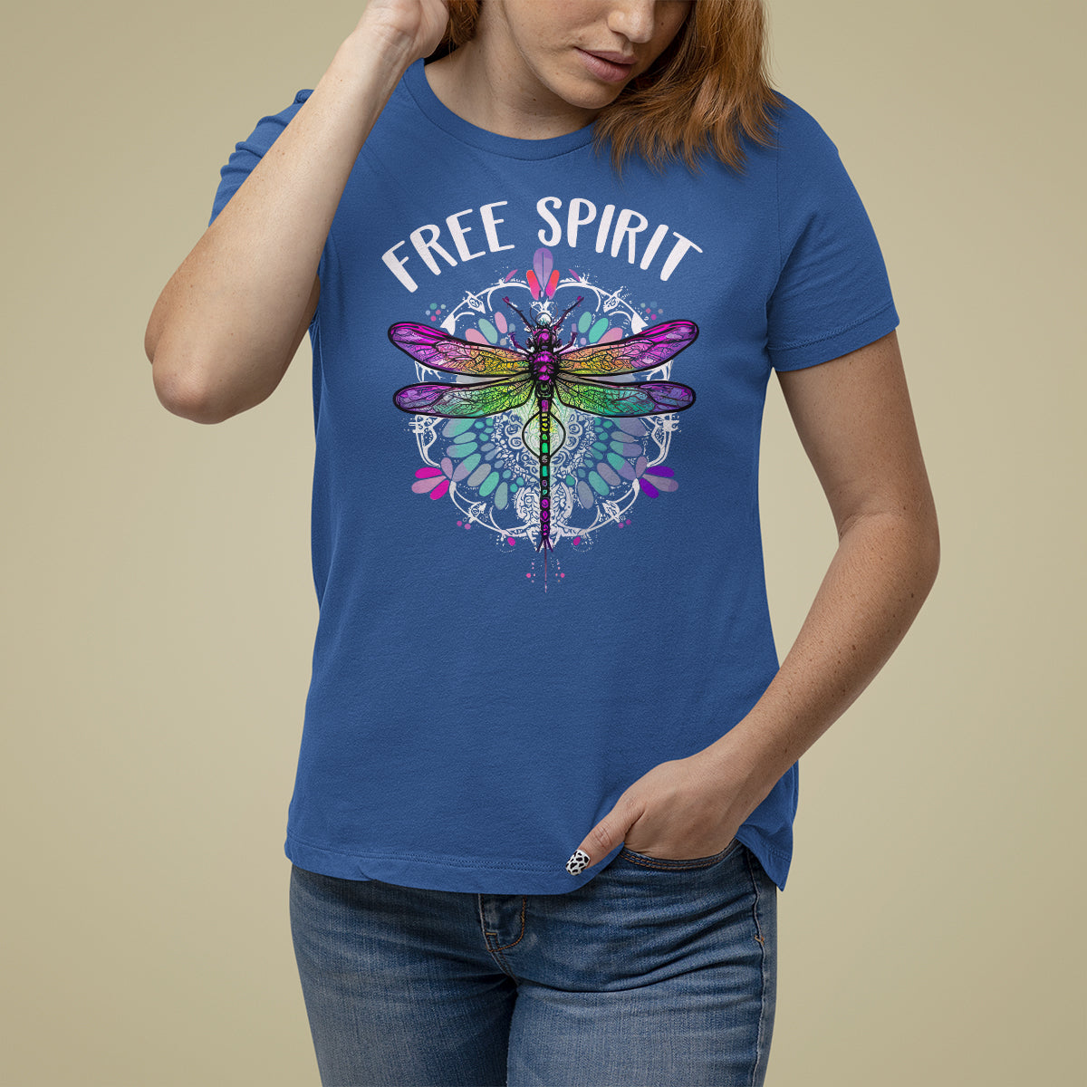 Women’s royal blue dragonfly graphic t-shirt with “FREE SPIRIT” text front.