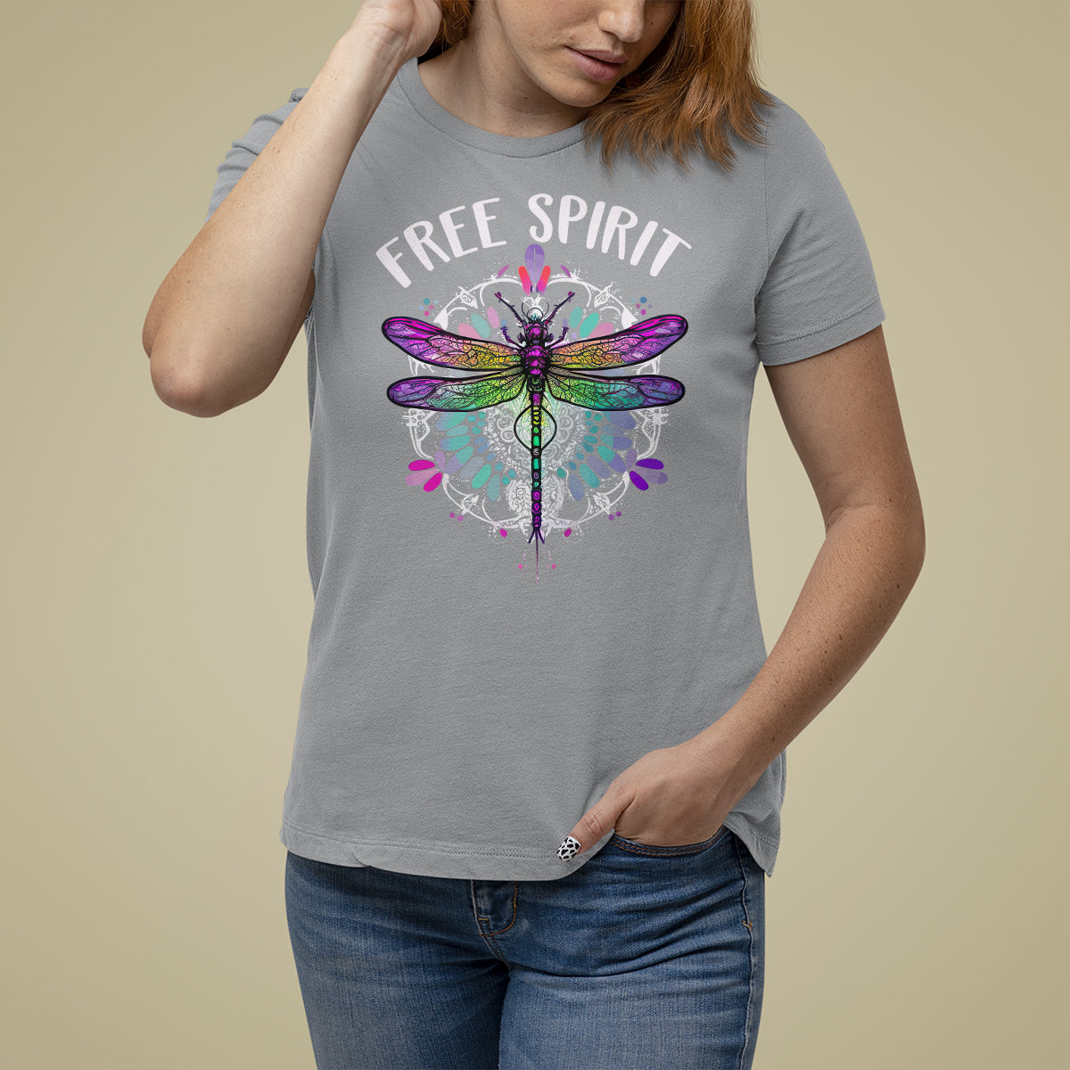 Women’s sport gray dragonfly graphic t-shirt with “FREE SPIRIT” text front.
