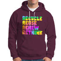 Maroon hoodie with multicolor "Recycle Reuse Renew Rethink" graphic on chest
