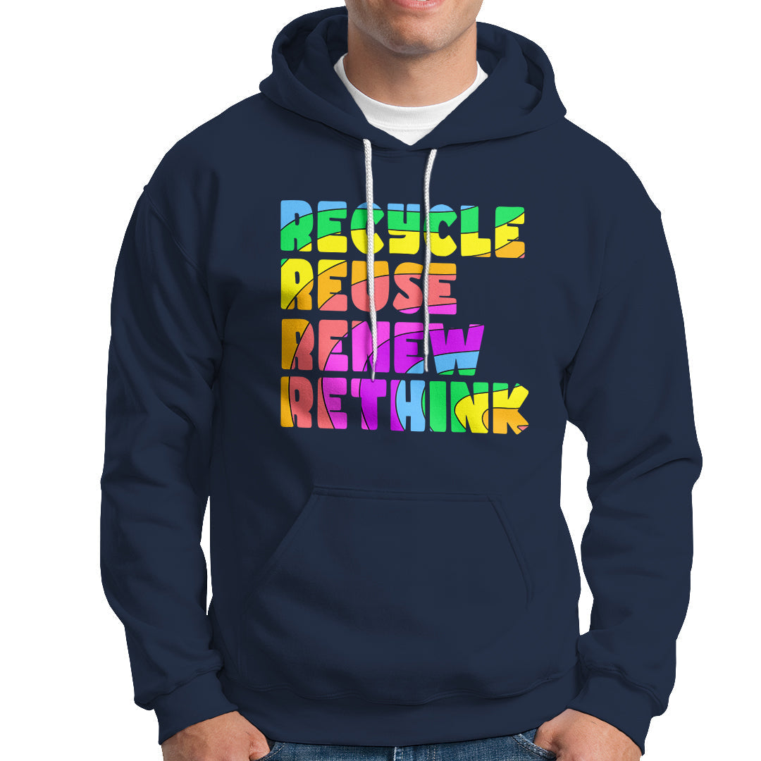 Navy hoodie with multicolor "Recycle Reuse Renew Rethink" graphic on chest