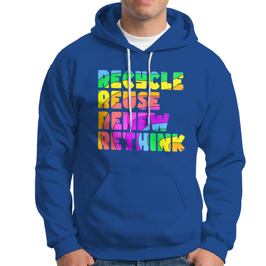 Royal blue hoodie with multicolor "Recycle Reuse Renew Rethink" graphic on chest