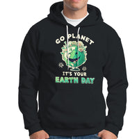 Black Earth Day hoodie with front graphic, hood and white drawstrings.