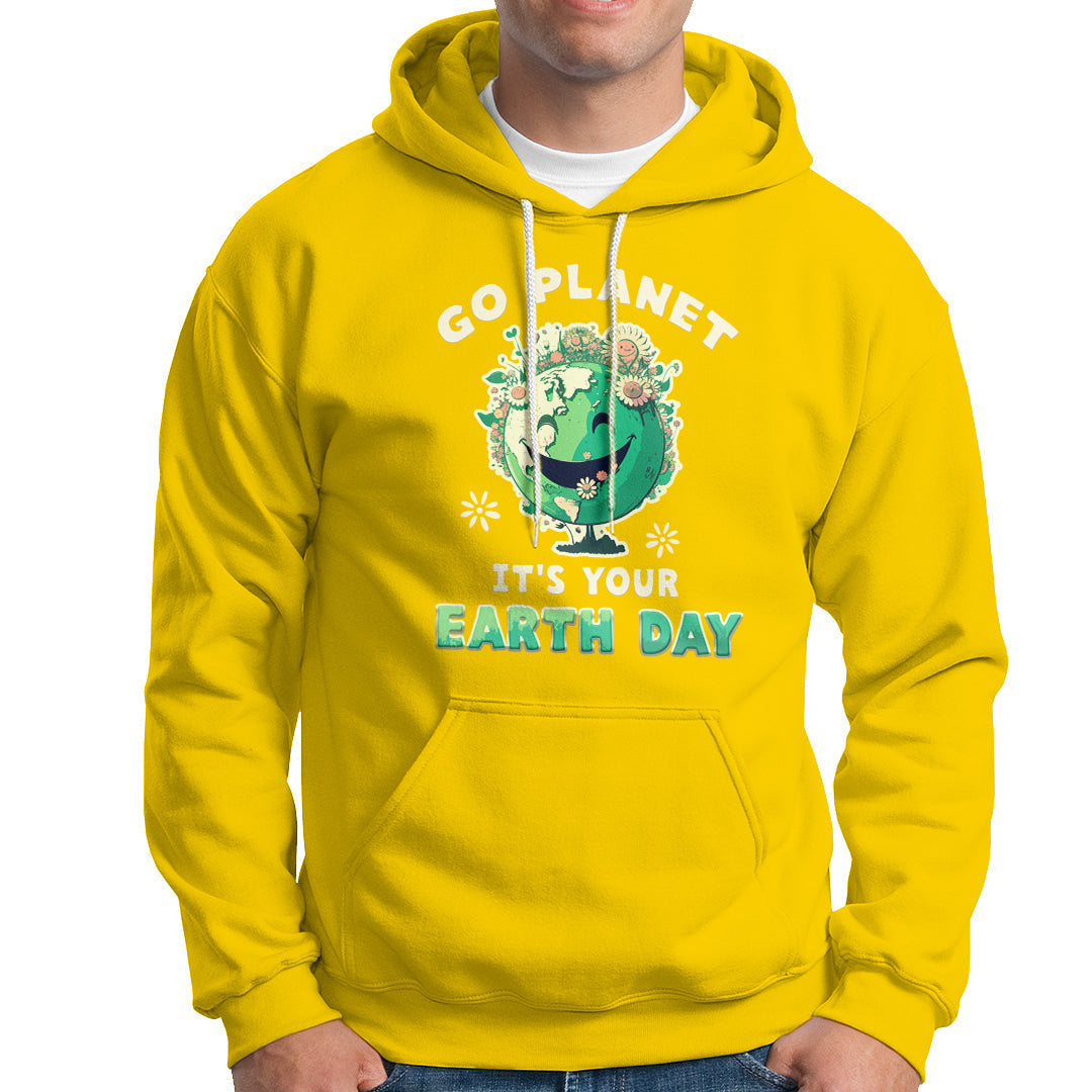 Daisy yellow Earth Day hoodie with front graphic, hood and white drawstrings.