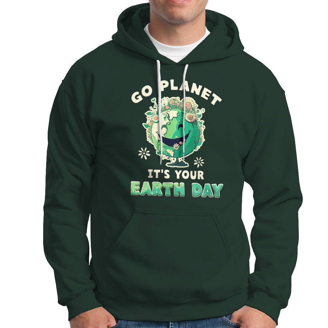 Dark forest green Earth Day hoodie with front graphic, hood and white drawstrings.