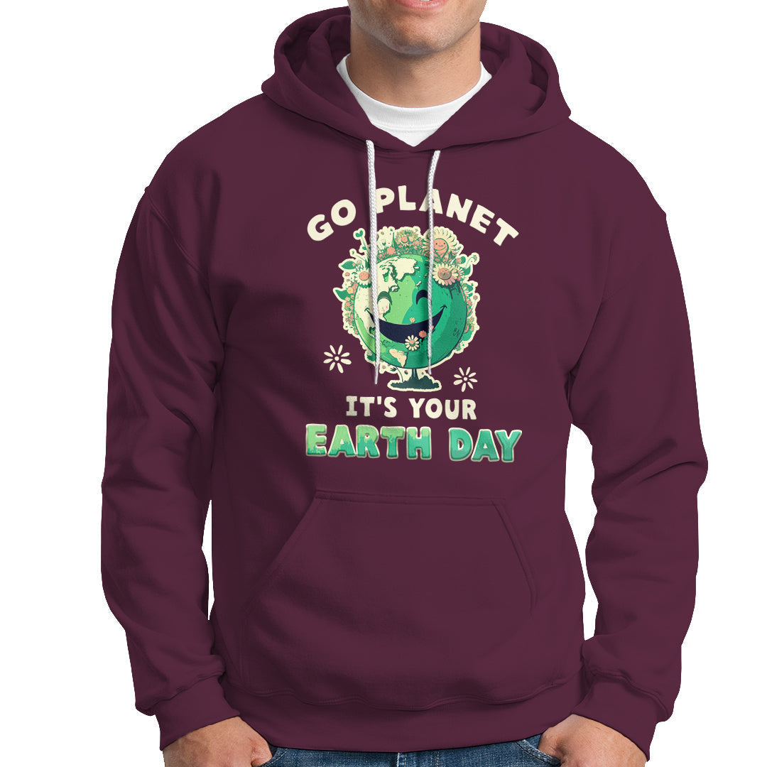 Maroon Earth Day hoodie with front graphic, hood and white drawstrings.