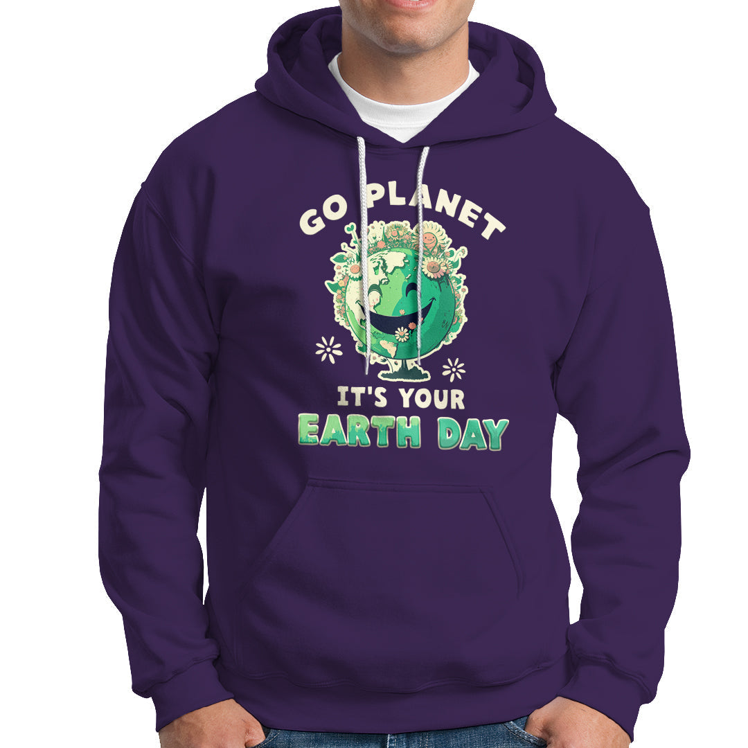 Purple Earth Day hoodie with front graphic, hood and white drawstrings.