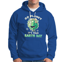 Royal blue Earth Day hoodie with front graphic, hood and white drawstrings.