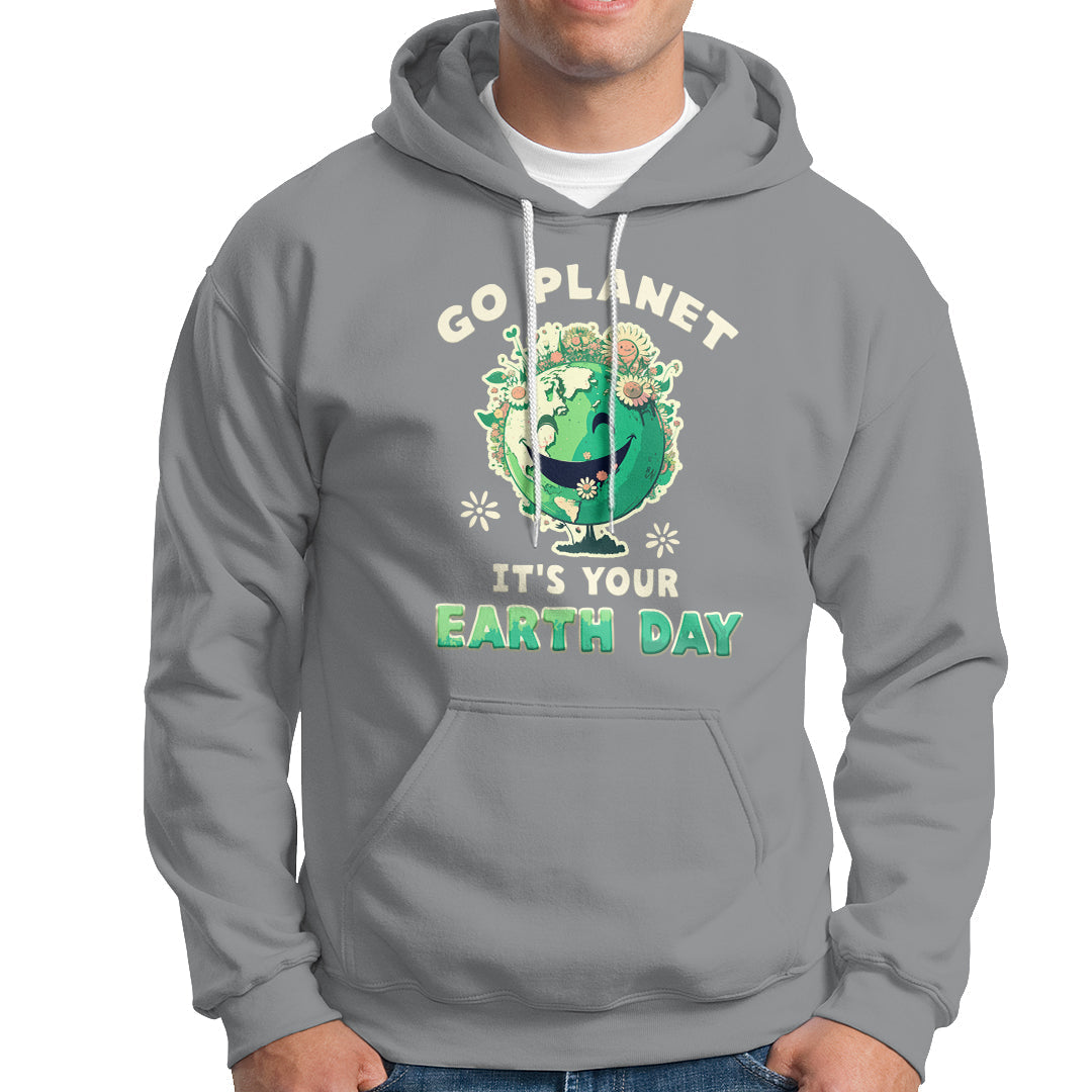 Sport gray Earth Day hoodie with front graphic, hood and white drawstrings.