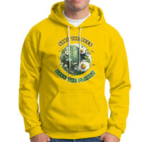 Daisy yellow hoodie with front kangaroo pocket, white drawstrings, and bee planet graphic.