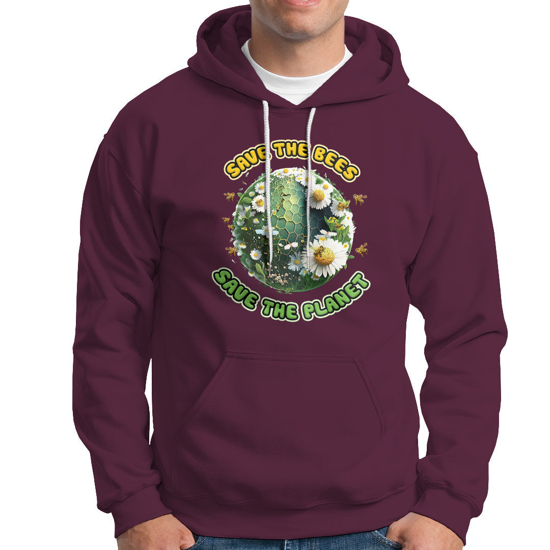 Maroon hoodie with front kangaroo pocket, white drawstrings, and bee planet graphic.