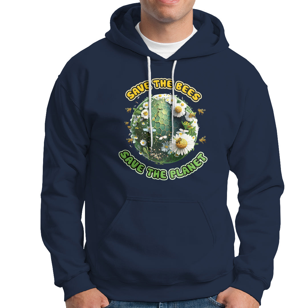 Navy hoodie with front kangaroo pocket, white drawstrings, and bee planet graphic.