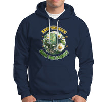 Navy hoodie with front kangaroo pocket, white drawstrings, and bee planet graphic.