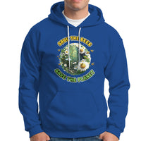 Royal blue hoodie with front kangaroo pocket, white drawstrings, and bee planet graphic.