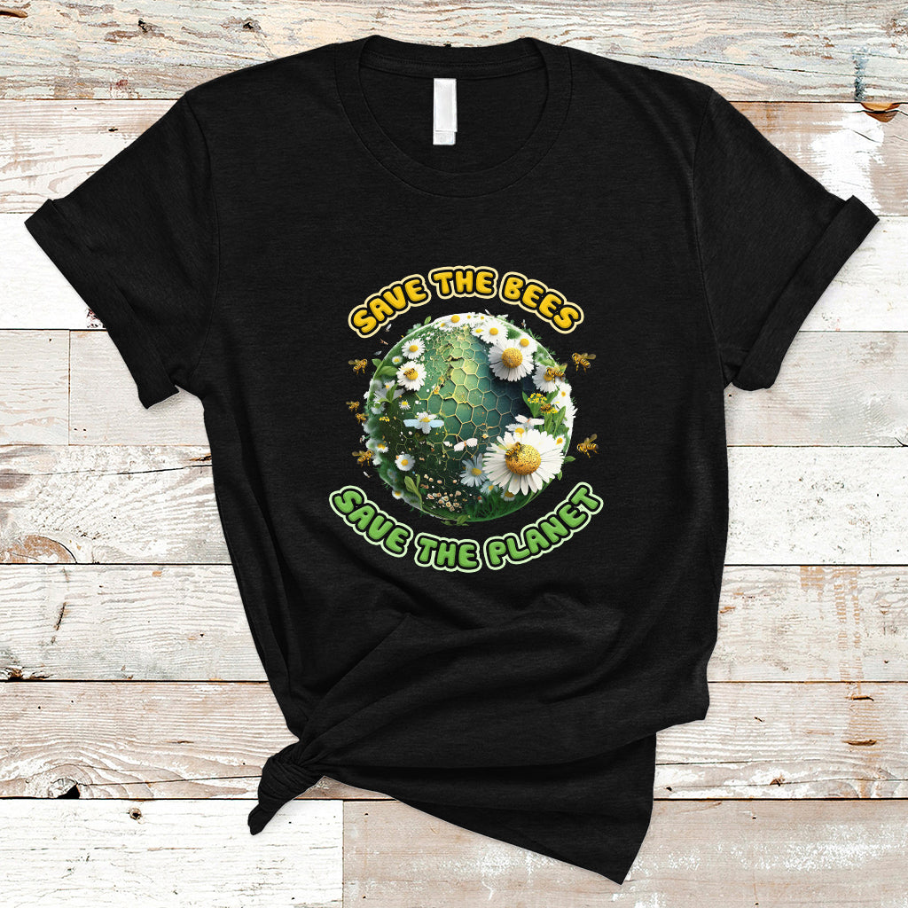 Black Earth Day T-shirt with circular Save the Bees Save the Planet graphic