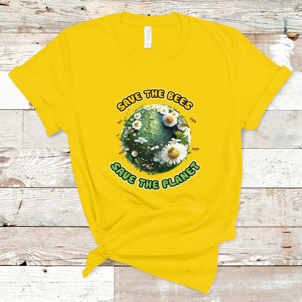 Daisy yellow Earth Day T-shirt with circular Save the Bees Save the Planet graphic
