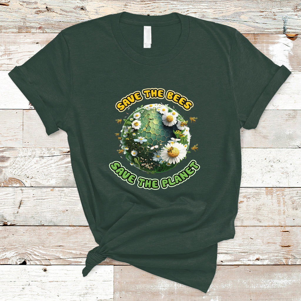 Dark forest green Earth Day T-shirt with Save the Bees Save the Planet circular print