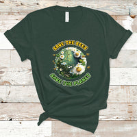 Dark forest green Earth Day T-shirt with Save the Bees Save the Planet circular print