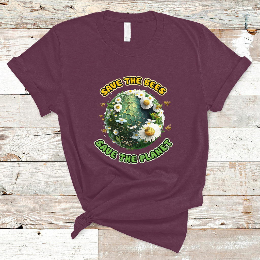 Maroon Earth Day T-shirt with circular Save the Bees Save the Planet graphic