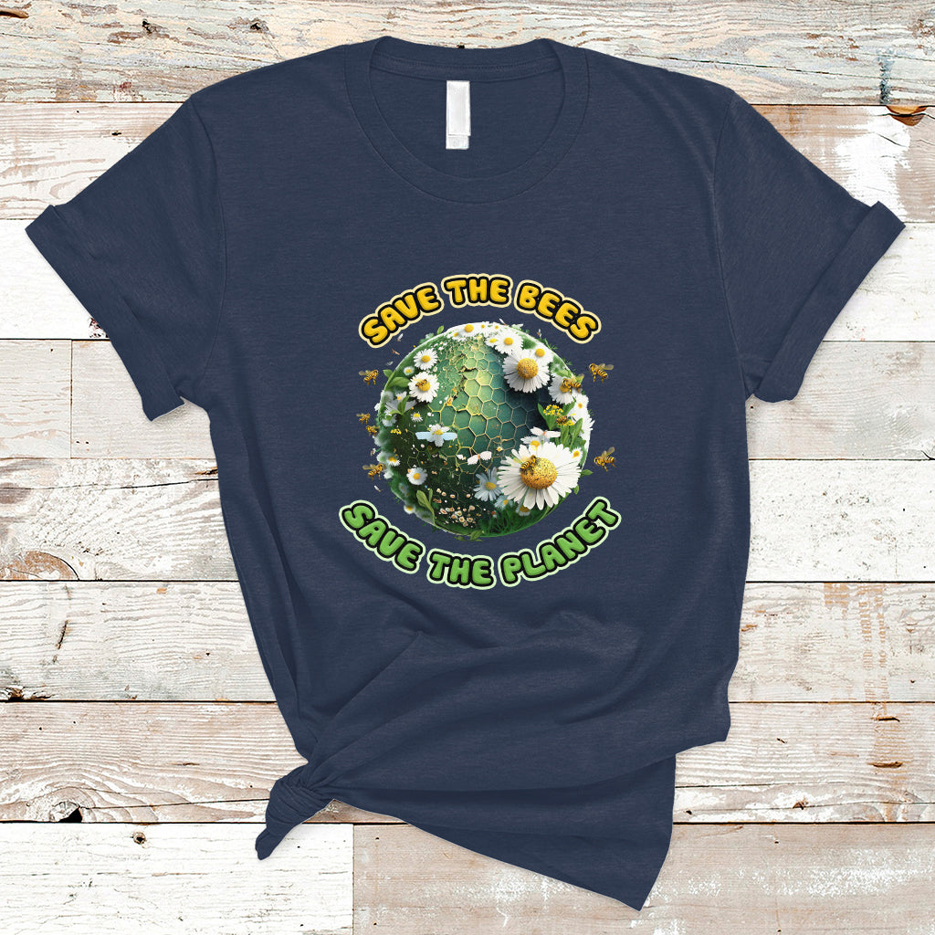 Navy Earth Day T-shirt featuring a Save the Bees Save the Planet circular graphic