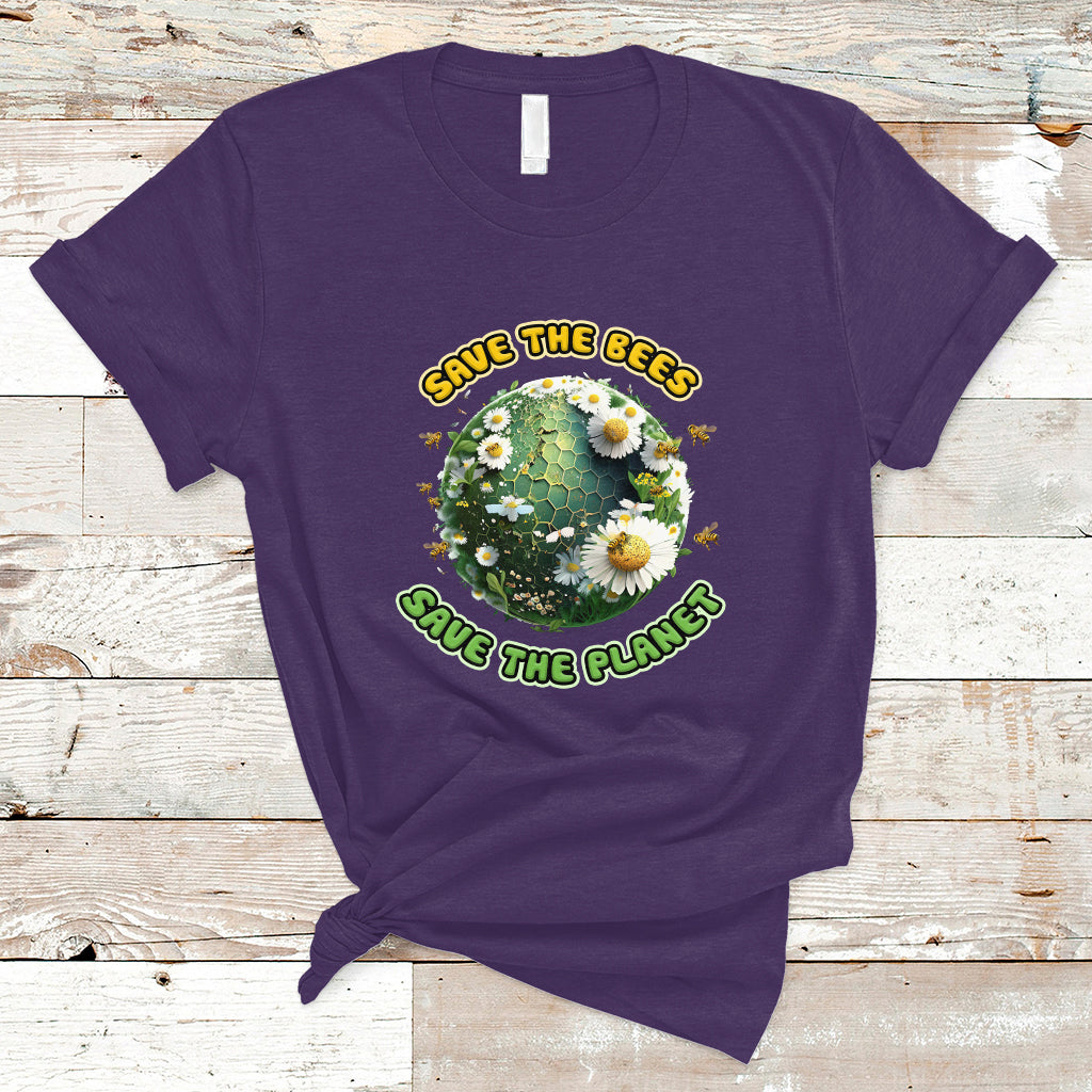 Purple Earth Day T-shirt with circular Save the Bees Save the Planet graphic