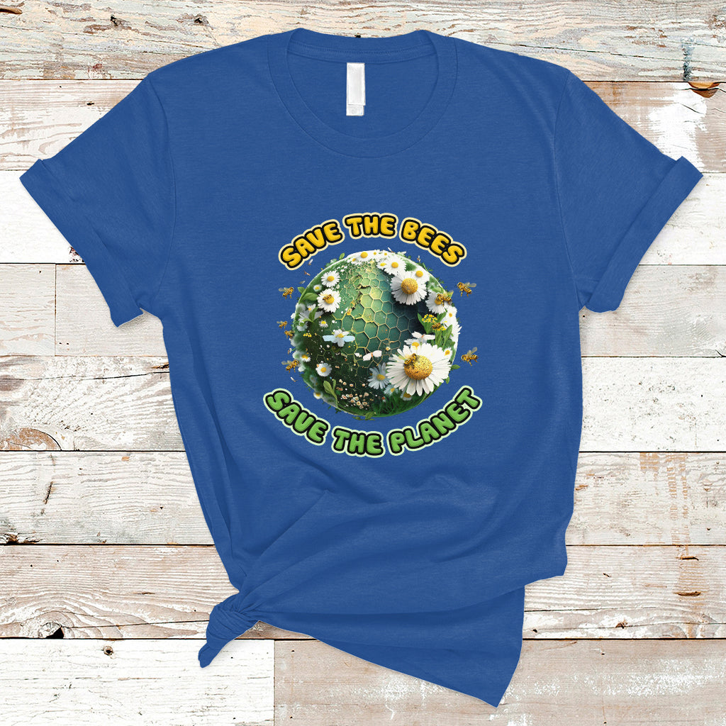 Royal blue Earth Day T-shirt with circular Save the Bees Save the Planet graphic