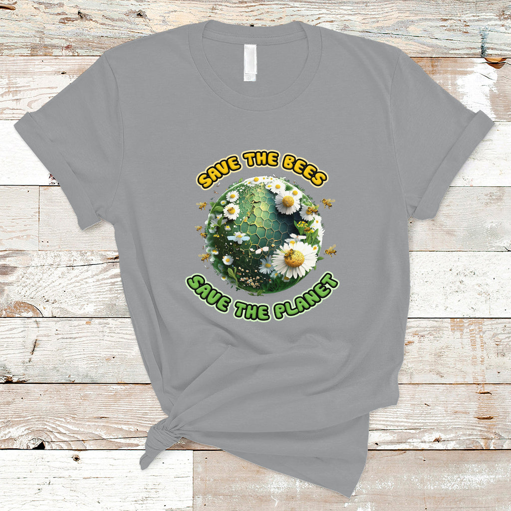 Sport gray Earth Day T-shirt featuring a Save the Bees Save the Planet circular graphic