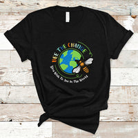 Black T-shirt with circular bee and globe graphic and slogan