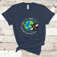 Navy T-shirt with circular bee and globe graphic and slogan