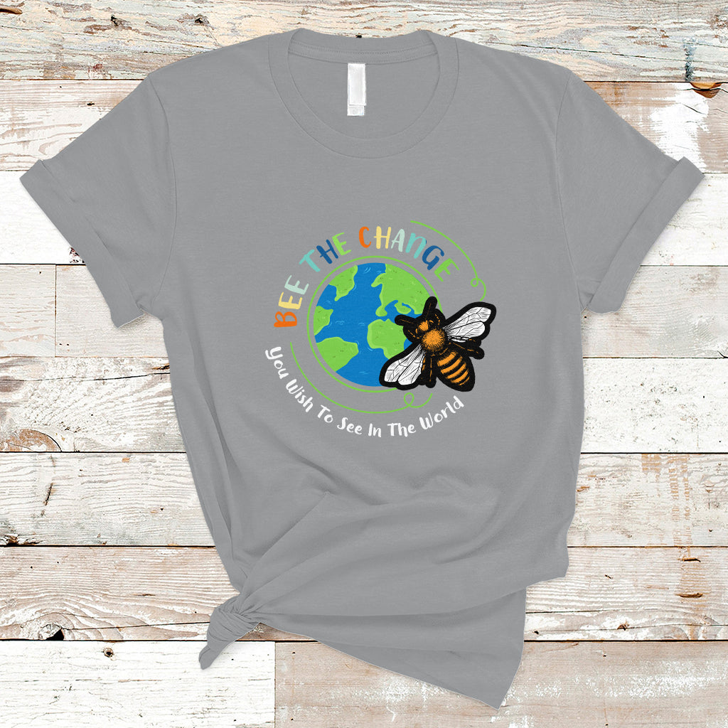 Sport gray T-shirt with circular bee and globe graphic and slogan