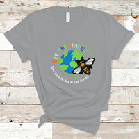 Sport gray T-shirt with circular bee and globe graphic and slogan