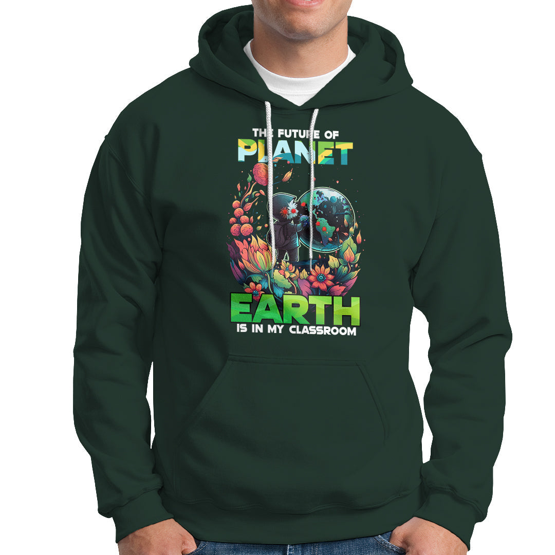 Dark forest green Earth Day graphic hoodie with front pocket and hood, long sleeves.