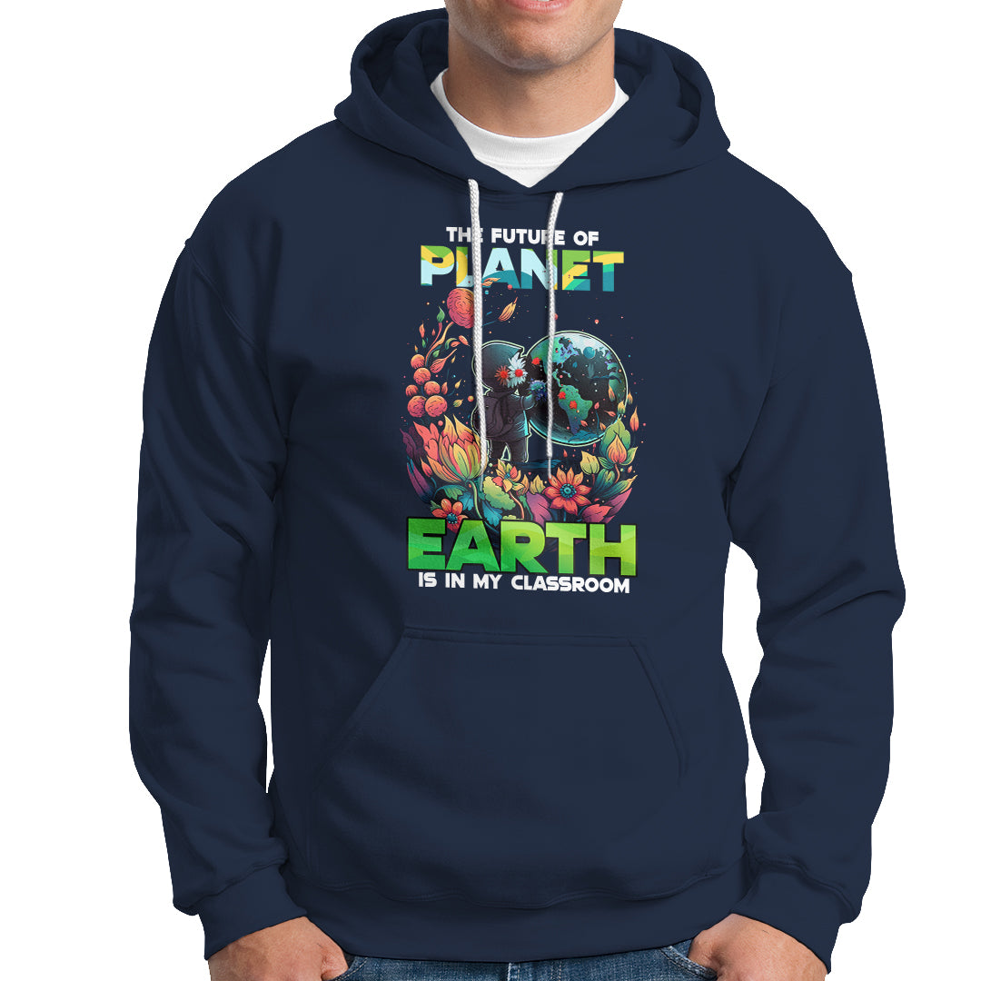 Navy Earth Day graphic hoodie with front pocket and hood, long sleeves.