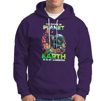 Purple Earth Day graphic hoodie with front pocket and hood, long sleeves.