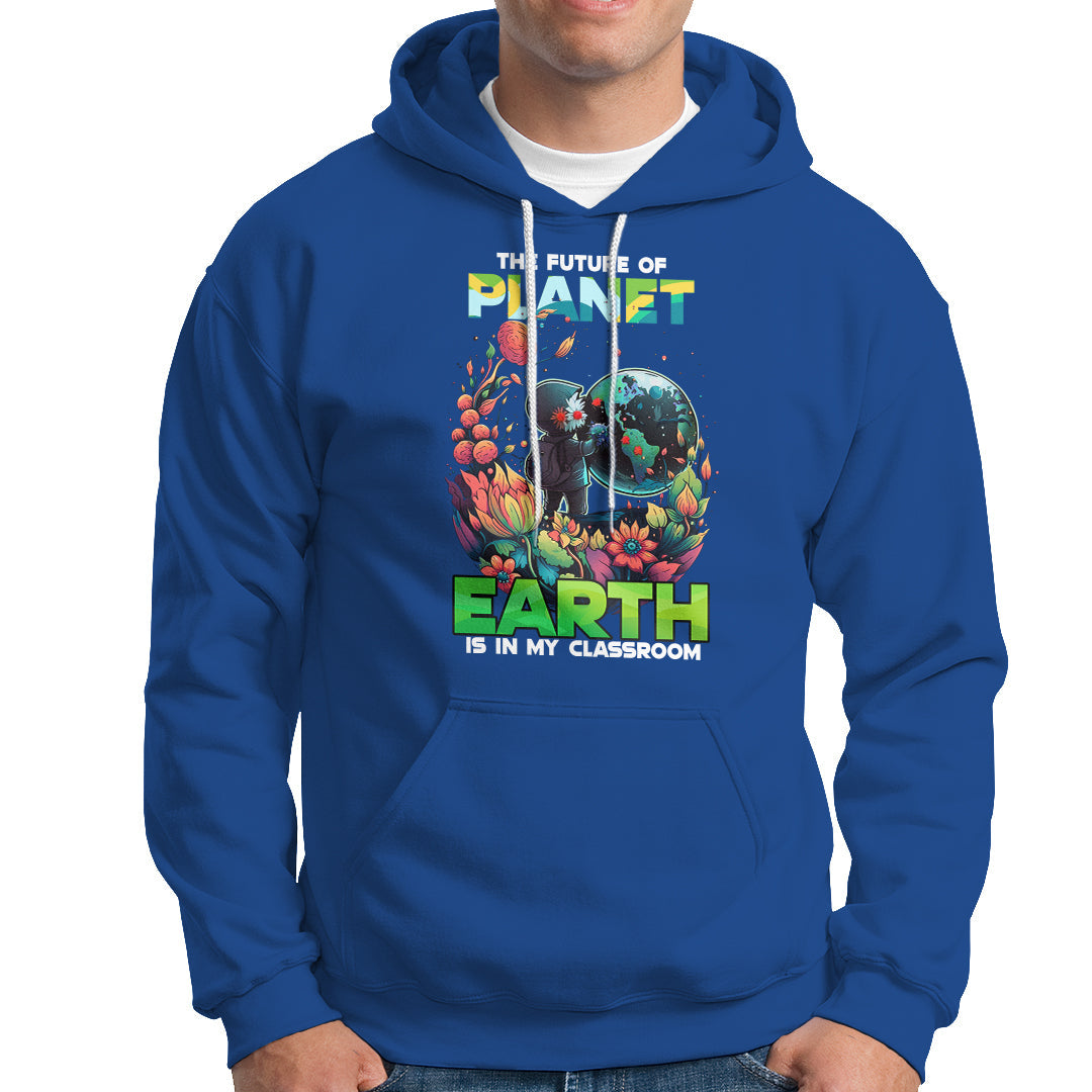 Royal blue Earth Day graphic hoodie with front pocket and hood, long sleeves.